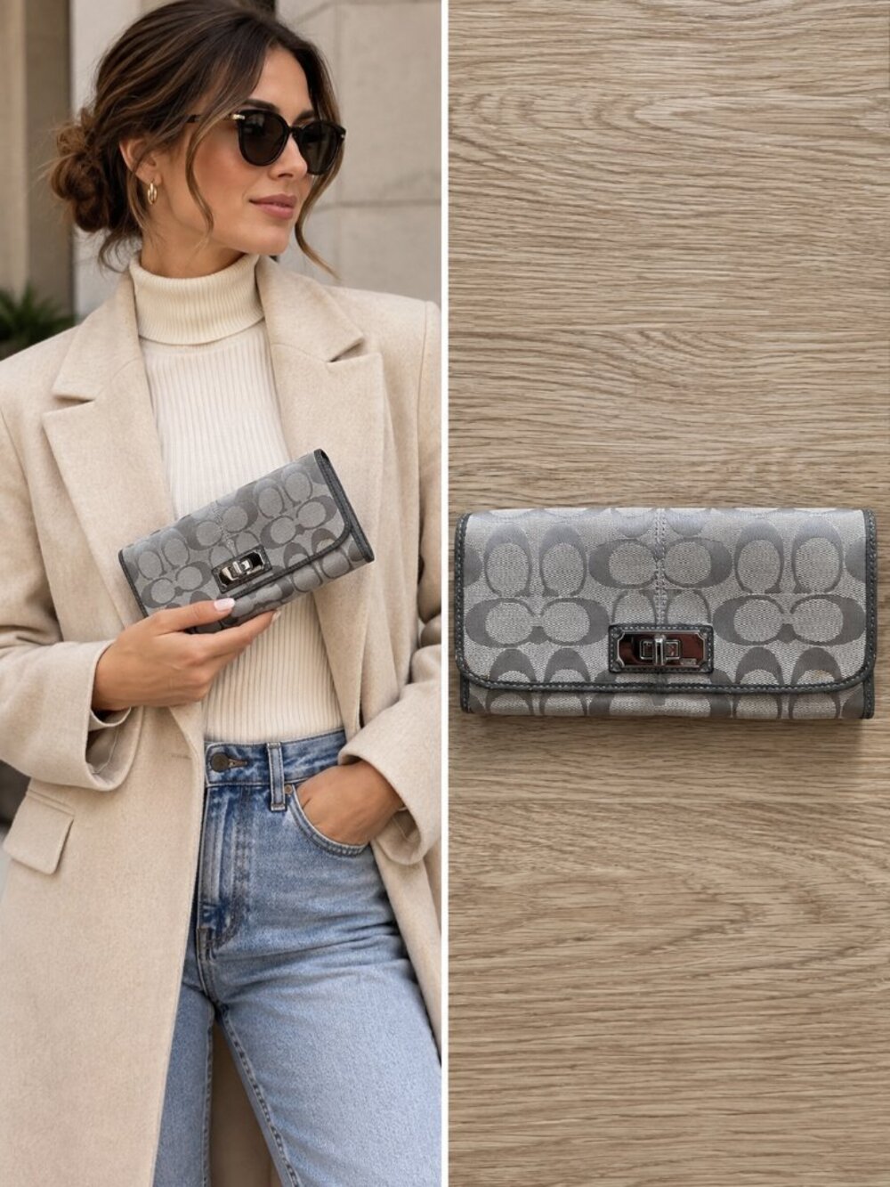 Coach Gray Signature Monogram Canvas Trifold Wallet Silver Turnlock Designer